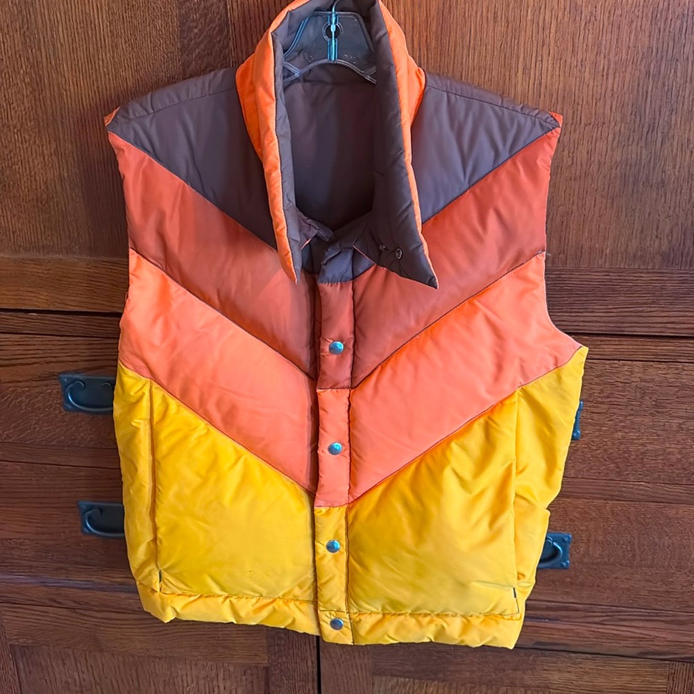 Unisex 70s retro down ski vest snap front orange brown mustard and rust color